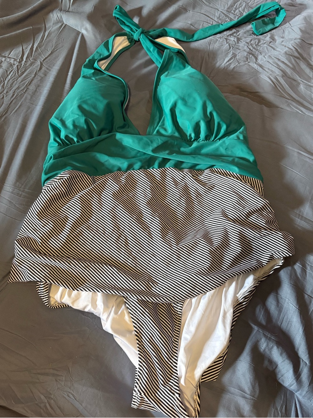 Women’s Teal Halter One Piece Swimsuit Black & White Striped Bottoms NWT Cupshe